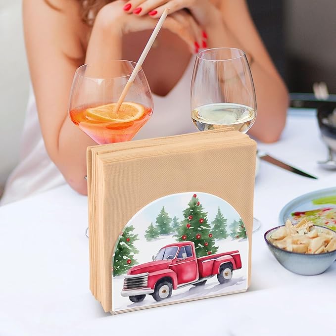 Christmas Red Truck Pine Tree Napkin Holder for Table Paper Napkins Holder Acrylic Tissue Dispenser Kitchen Dining Room Bathroom Party Car Decor