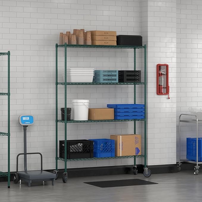 Commercial NSF Listed Green Epoxy Mobile Wire Shelving Kit 14" x 54" x 80", with 4 Shelves Perfect for Warehouse, Walk-in Refrigerator, Freezer, Grocery Store, Restaurant, Dishroom