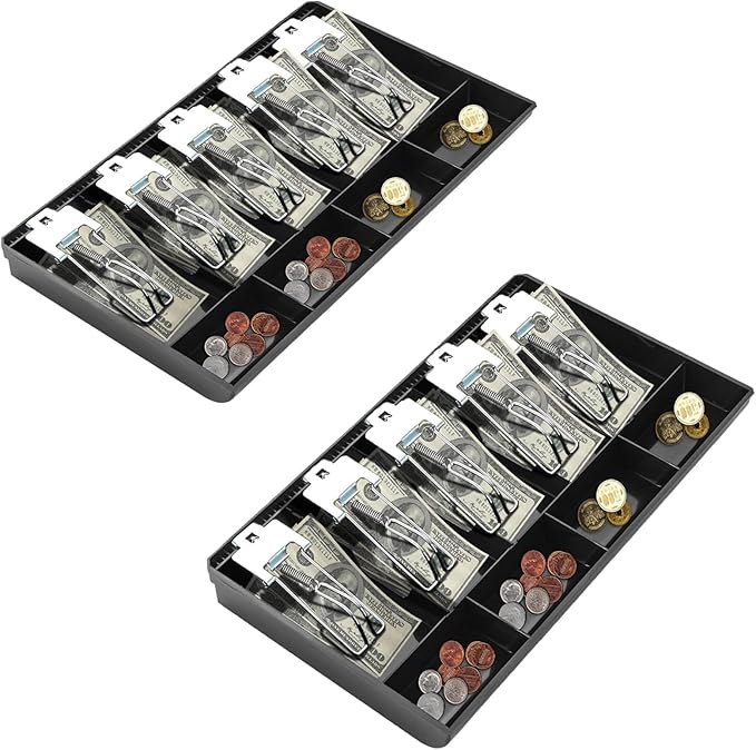QTLCOHD 2 Pcs Cash Register Drawer Insert Tray 4 Coin/5 Bill Coin Compartments Money Drawer Organizer with Plastic Clip for Money Storage, Bills, Cash, Small Business