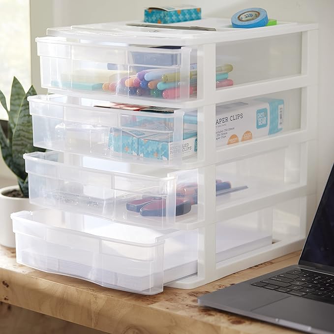 Gracious Living 4 Drawer Desktop & Countertop Organizer w/Organization Lid for Craft Storage, Office Supplies & School Supplies, White/Clear (4 Pack)