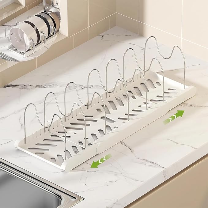 Pots and Pans Organizer Under Cabinet,Expandable Pot Lid Holder with 10 Adjustable Dividers,Pot Rack,Kitchen Pantry Countertop Storage for Bakeware, Cutting Boards, Frying, Lid, Cookware,Dishes