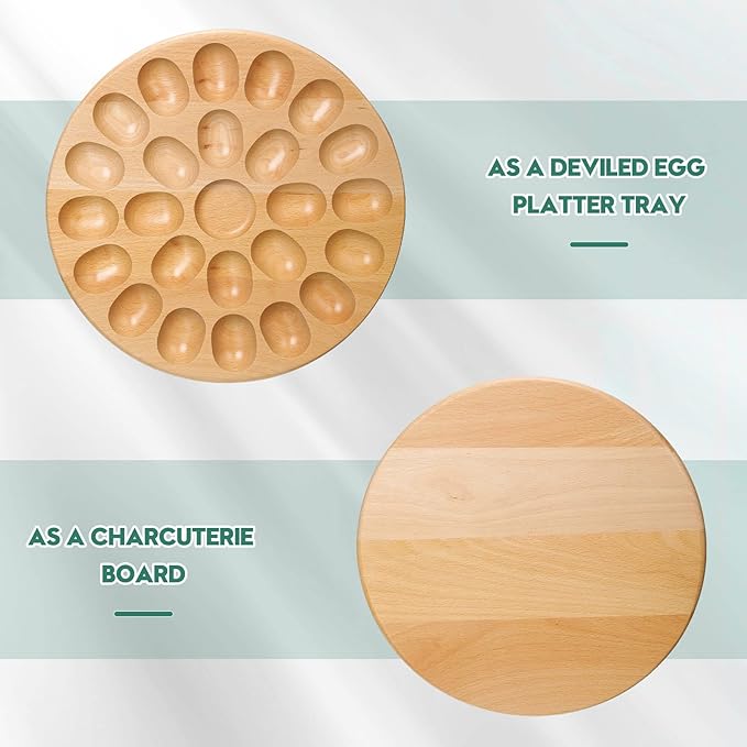 Lounsweer Reversible Wood Deviled Egg Platter and Charcuterie Board Thicken Tray Countertop Refrigerator Chicken Egg Containers Carrier for Easter Christmas(Beech Wood)