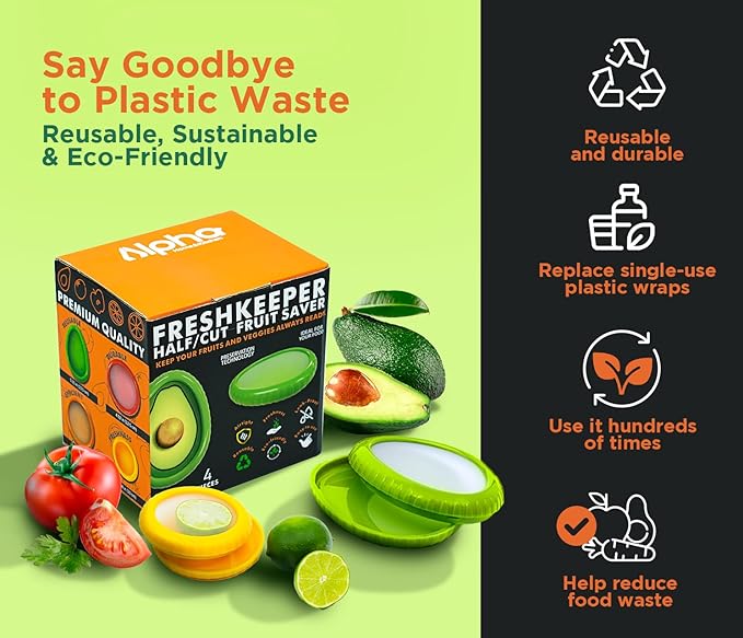 Avocado Saver Storage Containers - 4-Pack BPA-Free Silicone Lids - Reusable Fresh Pods for Avocado, Onion, Tomato & Halved Produce
