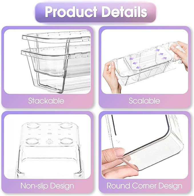 14 Pcs Extendable Clear Drawer Organizer, Adjustable Vanity Storage Box, 3-Size Desk Drawer Organizer, Non-Slip Storage Bins for Cosmetics, Jewelries, Stationeries, Tools, Cutleries, Toiletries