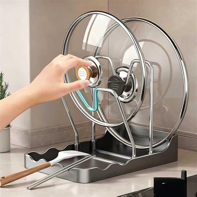 Kitchen Pot Lid Storage Rack - Pot Lid Organizer, Multifunctional Pot Lid Holder While Cooking, Rust-Resistant Carbon Steel, For Cutting Boards, Spoons, Utensils (Black-B, Double Layer)