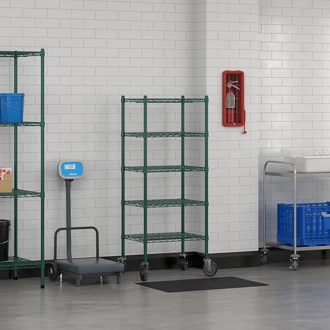 Commercial NSF Listed Green Epoxy Mobile Wire Shelving Kit 18" x 24" x 60", with 5 Shelves Perfect for Warehouse, Walk-in Refrigerator, Freezer, Grocery Store, Restaurant, Dishroom