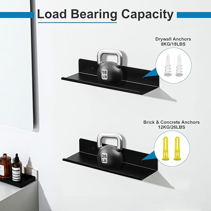 SAYAYO Black Floating Shelves for Wall Storage, 12 Inch Wall Shelves for Bedroom Decor, Display Bathroom Shelf Organizer for Kitchen, Living Room, Office, 2pcs