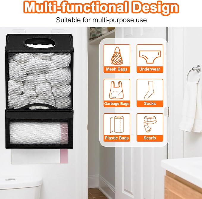 Plastic Bag Holders for Grocery Bags - Large Wall Mount Grocery Bag Holder with Dispenser for Kitchen, Oxford Cloth 2-in-1 Space-saving Plastic Bags Organizer, Black