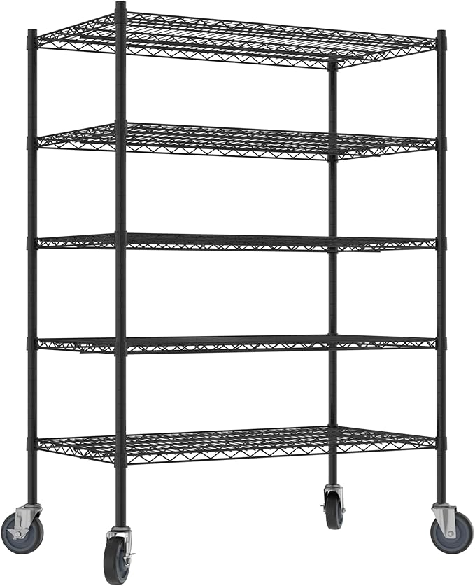 Commercial NSF Listed Black Epoxy Mobile Wire Shelving Kit 24" x 42" x 60", with 5 Shelves Perfect for Warehouse, Walk-in Refrigerator, Freezer, Grocery Store, Restaurant, Dishroom