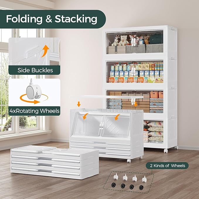 Atrasee 720QT Extra Large Stackable Storage Bins with Lid, 180Gal Collapsible Closet Organizer Box with Wheels, Folding Plastic Storage Cabinet with Doors for Home Bedroom Office Dorm, 6Pack White