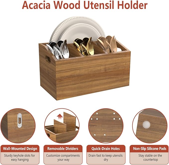 Wooden Kitchen Utensil Holder for Countertop or Wall, Extra Large Acacia Wood Utensil Holder Organizer with 5 Compartments, Rustic Utensil Caddy for Cooking Tools & Silverware