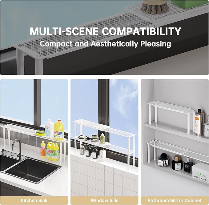 Expandable Window Shelf for Plants Kitchen Sink Organizer Stackable Narrow Shelves Kitchen Countertop Holder Mesh Design (1, White)