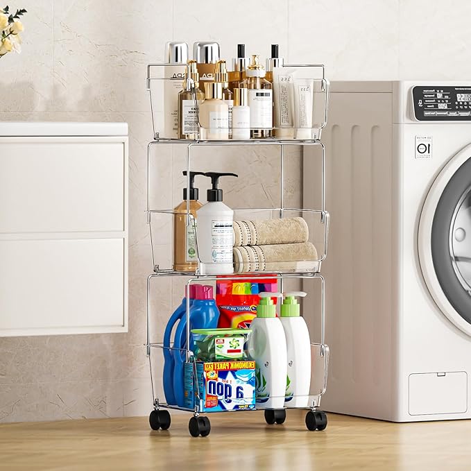 YCIA&DONE 3 Tier Rolling Storage Cart with Locking Wheels, Slim Narrow Organizer for Bathroom, Bedroom & Laundry, Clear Deep Bins, Sturdy Metal Frame, Easy Assembly Utility Trolley