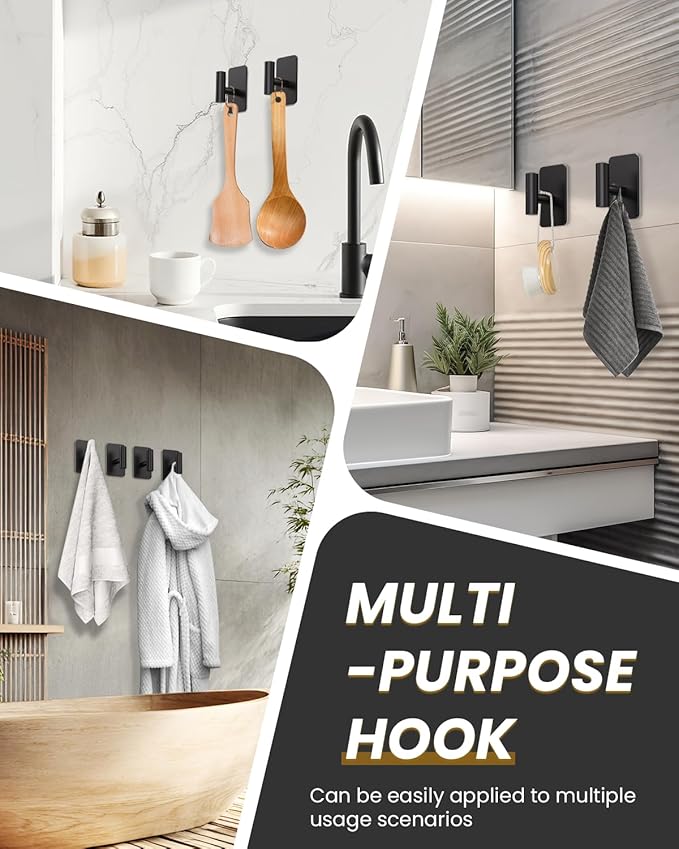 Eowihor Heavy Duty Adhesive Hooks - 26lb Max, Sticky Wall Hooks Waterproof Stainless Steel for Hanging Towel, Coat, Robe, Towel Hooks Stick on Bathroom, Kitchen, Shower, Door (Black, 4 Pack)