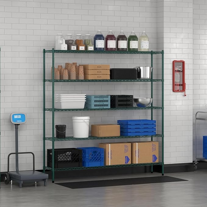 Commercial NSF Listed Green Epoxy Stationary Wire Shelving Kit 14" x 72" x 74", with 5 Shelves Perfect for Warehouse, Walk-in Refrigerator, Freezer, Grocery Store, Restaurant, Dishroom
