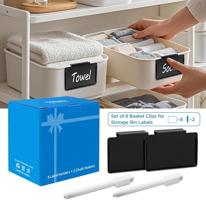 trohestar Metal Pantry Baskets Labels Clip On for Storage Bins | Edge Fold-Cream (Edge Fold-Black, 8 Metal Label Clip)