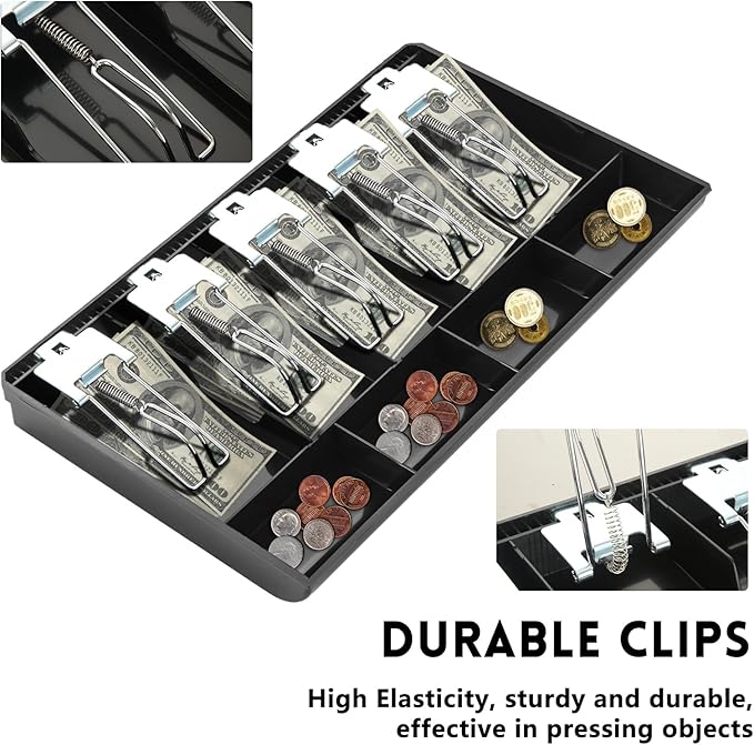 QTLCOHD 2 Pcs Cash Register Drawer Insert Tray 4 Coin/5 Bill Coin Compartments Money Drawer Organizer with Plastic Clip for Money Storage, Bills, Cash, Small Business