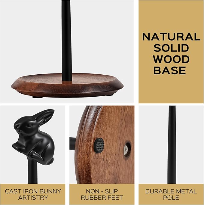 Wooden Paper Towel Holder Countertop, Cute Rabbit Design - Natural Solid Wood Base with Iron Rod,Paper Towel Holder countertop for Kitchen Roll Organizing, Dining Table & Home Décor