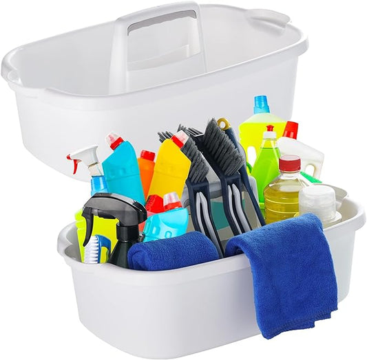 Omirome 2-Pack Large White Cleaning Caddy for Cleaning Supplies with Handle - Portable Plastic Tote Organizer for Shower, Bathroom, Kitchen, Under Sink Storage