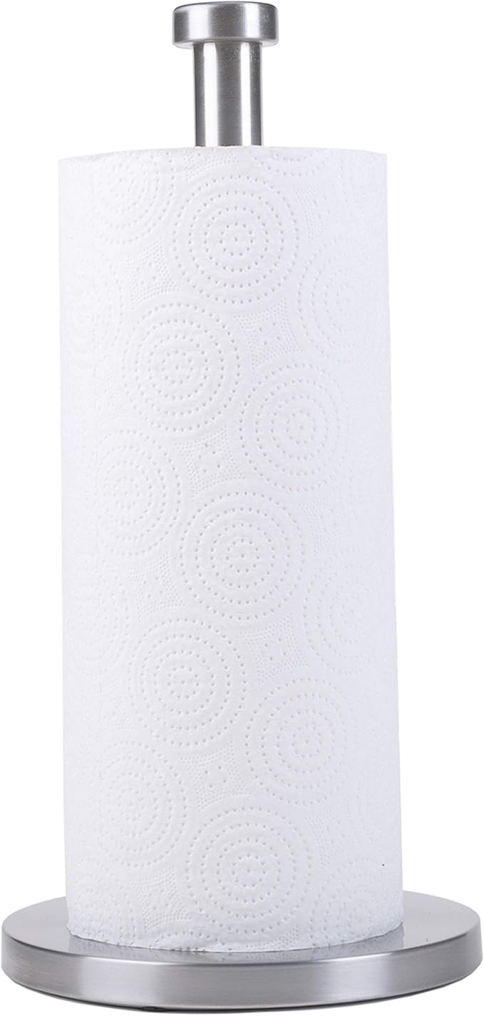 Stainless Steel Paper Towel Holder with Tension Arm – Heavy Weighted Countertop Kitchen Roll Holder, One-Hand Tear Design, Modern Metal Paper Towel Stand
