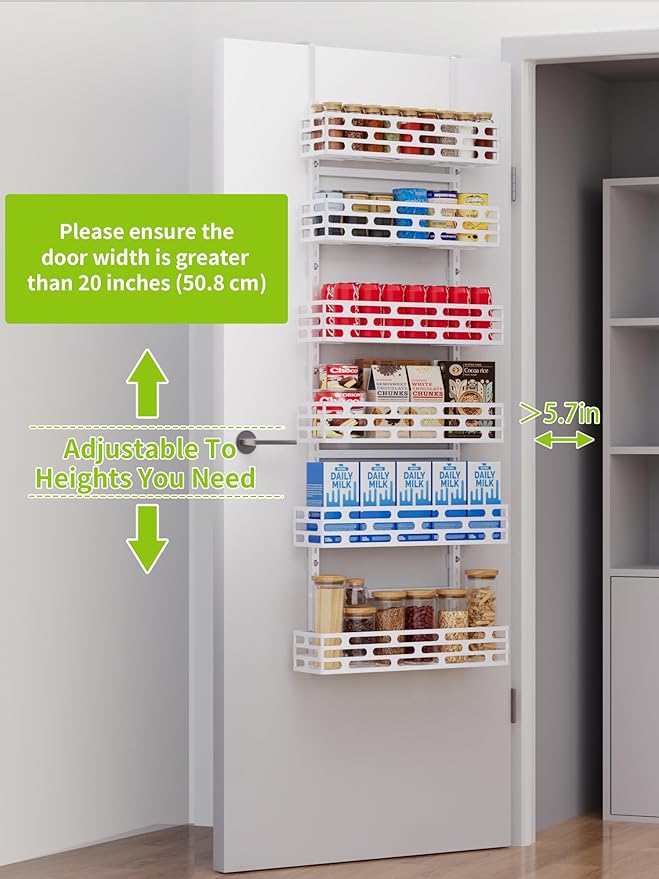 Over the Door Pantry Organizer - 6 Tier Adjustable Pantry Organization and Storage, Hanging Basket Wall Spice Rack Seasoning Shelves, Home & Kitchen Bedroom Bathroom, White