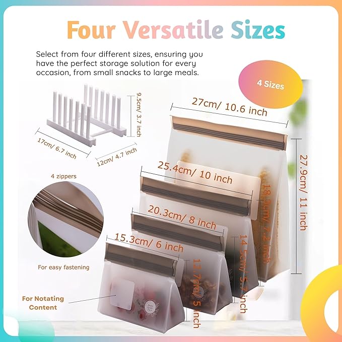 Reusable Food Storage Bags – 21-Pack Stand-Up, BPA-Free, Freezer, Dishwasher Safe & Eco-Friendly – 4 Gal, 6 L, 7 M, 3 S + Rack – Airtight Leakproof Sandwich, Snack, and Meal Prep Bags (Grey)