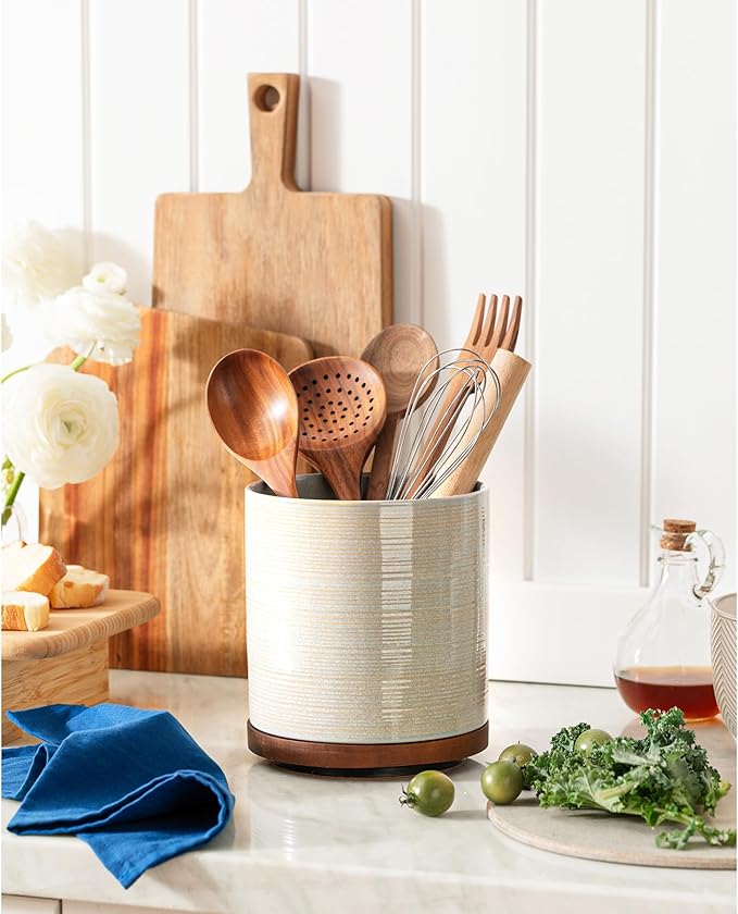 Utensil Holder, 360° Rotating Extra Large Ceramic Kitchen Utensil Holder for Countertop, 7.3“ Cooking Utensil Crocks for Kitchen Counter with Rotatable Wooden Base, Farmhouse Decor, Dusty Green