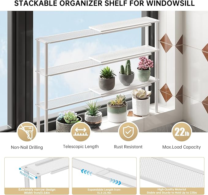 Expandable Window Shelf for Plants Kitchen Sink Organizer Stackable Narrow Shelves Kitchen Countertop Holder Mesh Design (2, White)