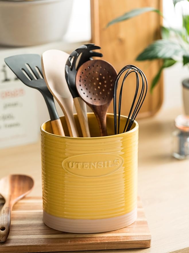 YHOSSEUN Kitchen Utensil Holder for Countertop, Ceramic Utensil Holder for Kitchen Counter, Cooking Utensil Crock for Spatula, Oval Shape, Yellow