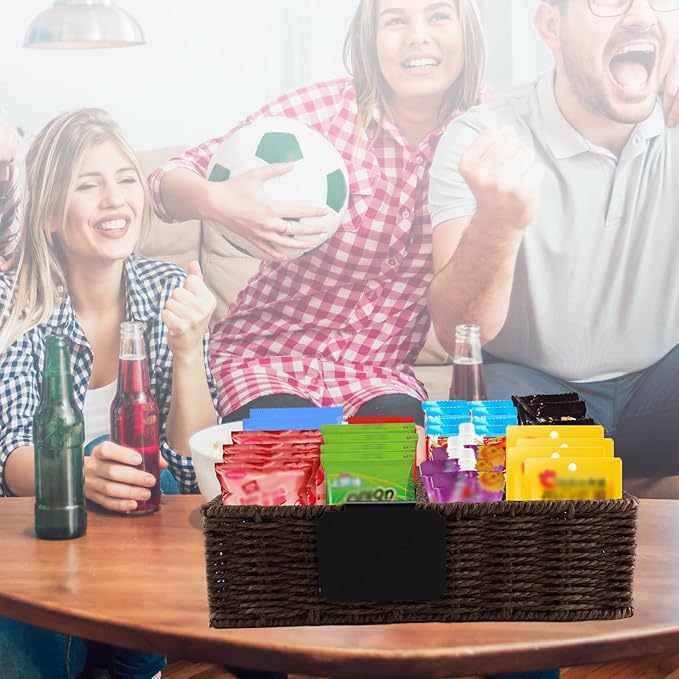 Snack Bar Station Organizer,Pantry Organizers and Storage Bins,Hand-Woven Snack Basket for Countertop with 4 Compartments,Snack Display Box for Candy,Drink Packet,Chips,Spice Organizer