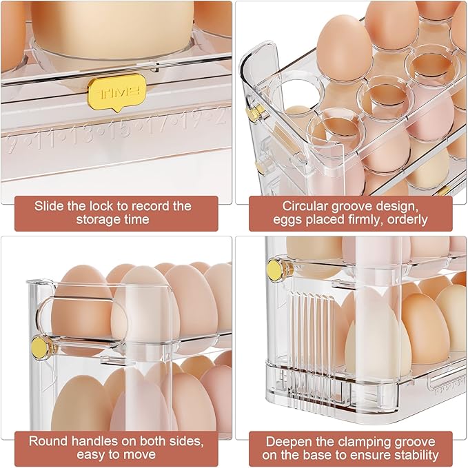 Hooshion Reversible Egg Holder for Refrigerator and Countertop - Clear 30-Egg Storage Tray
