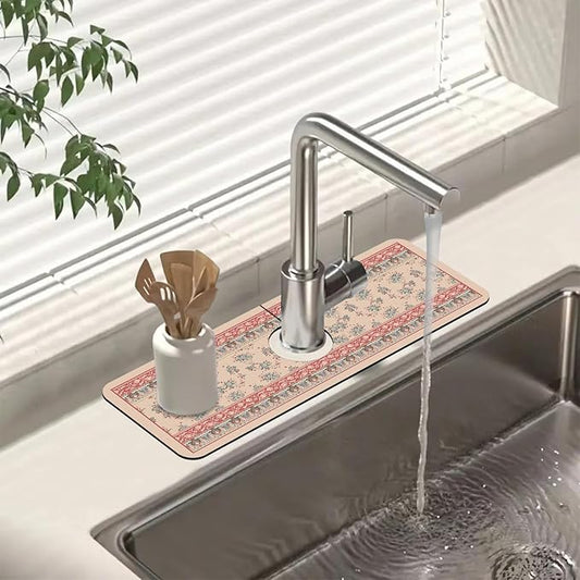 Sink Splash Guard Faucet Mat Retro Boho Flowers Absorbent Fast Drying Mat Sink Gadgets Splash Guard Behind Faucet Drip Catcher for Kitchen Bathroom 15.5"X5.5"