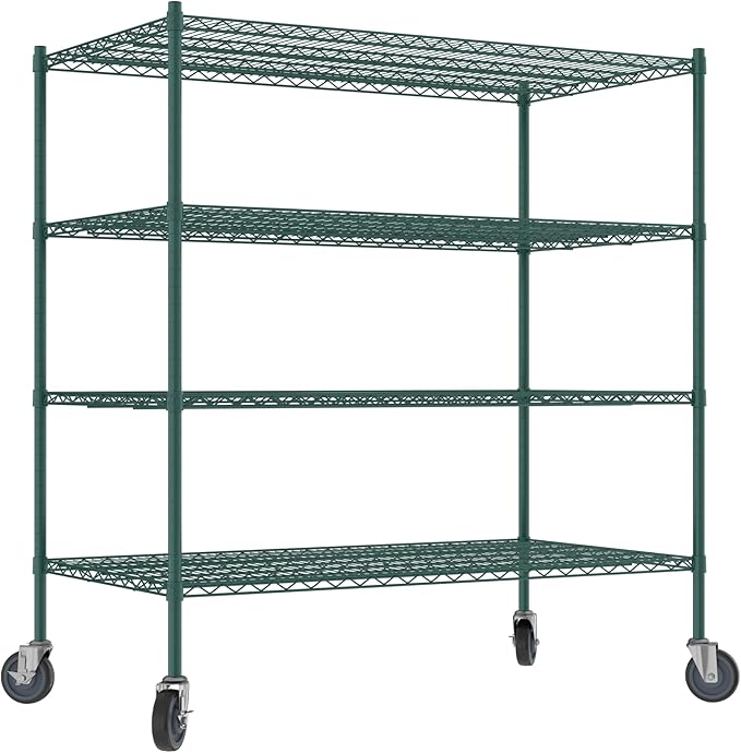 Commercial NSF Listed Green Epoxy Mobile Wire Shelving Kit 30" x 54" x 60", with 4 Shelves Perfect for Warehouse, Walk-in Refrigerator, Freezer, Grocery Store, Restaurant, Dishroom