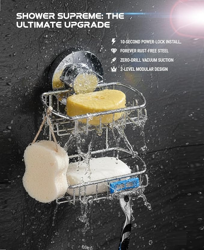 Soap Dish for Shower Suction Cup Powerful Vacuum System Rustproof 304 Stainless Steel Basket Sponges Holder with Razor Hooks for Bathroom or Kitchen Soap Holder, 2 Tier (Silver)