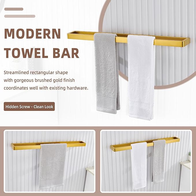 Angle Simple Bathroom Towel Holder, SUS 304 Stainless Steel Towel Bar Rack for Bathroom Kitchen Wall Mount, 22.76", Brushed Gold