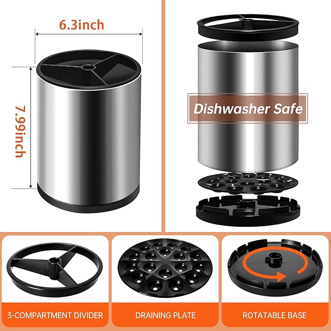 Stainless 360° Rotating Kitchen Utensil Holder Large Counter Utensil Caddy Cooking Spoon Stand Spatula Cutlery Metal Utensil (Silver)