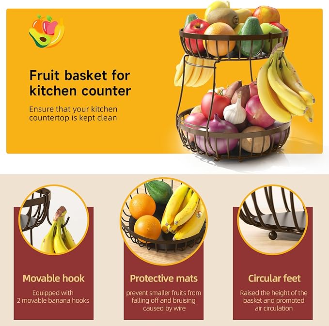 2 Tier Fruit Basket for Kitchen Counter with 2 Banana Hangers, 2025 Pro Detachable Metal Fruit Bowl with Wooden Handle,Fruit Holder for Bread Snack Veggies, Brown Extra Large
