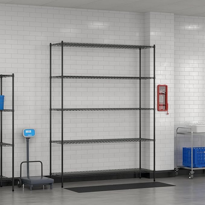 Commercial NSF Listed Black Epoxy Stationary Wire Shelving Kit 21" x 72" x 96", with 5 Shelves Perfect for Warehouse, Walk-in Refrigerator, Freezer, Grocery Store, Restaurant, Dishroom