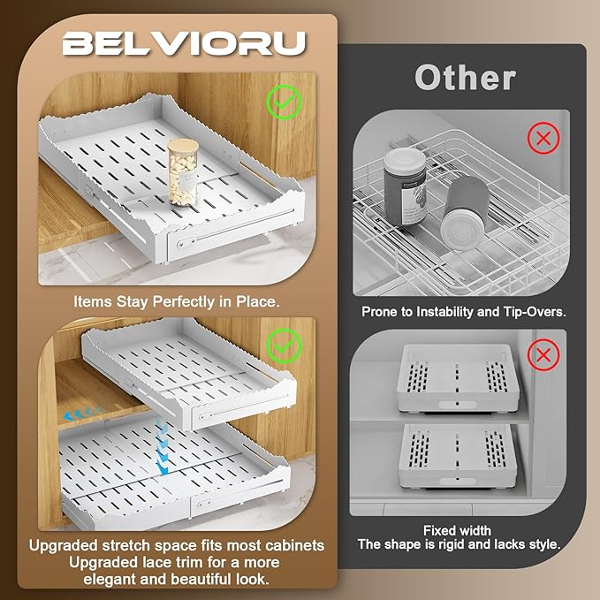 Pull Out Cabinet Organizer 2PCS, 4-Way Width (11"-18") and Depth (13"-24") Expandable Pull Out Drawers for Cabinets – One Size Fits Most! No Drill, Heavy-Duty Metal Organizer for Pantry, Kitchen White
