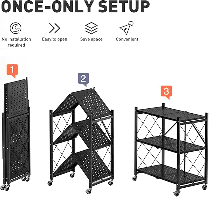 Foldable Storage Shelves with Wheels, Folding Shelving Units Storage, Heavy Duty Metal Collapsible Shelf No Assembly, Large Capacity Pop-Up Organizer for Garage,Kitchen,Living Room, 3-Tier Black