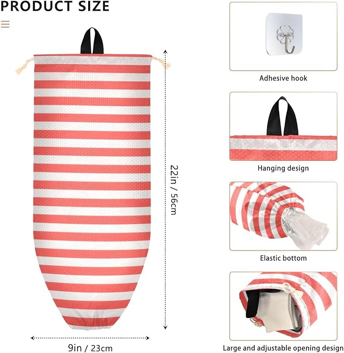 Plastic Bag Holder Wall Mount Grocery Bag Shopping Bag Storage Holder Organizer Dispenser with Adhesive Hook,for Kitchen Bathroom Home Decor 9x22 Inches Red and White Stripeds04