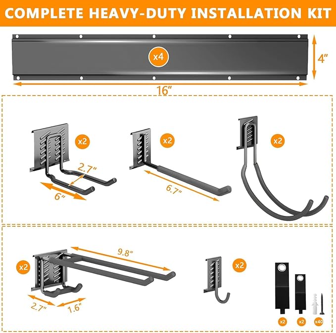 Garage Tool Organizer Wall Mount, 64 inch Garage Wall Organizer, 680lbs Sturdy Garden Tool Organizer with 10 Adjustable Hooks, for Yard, Shed, Basement, Workshop(Black)