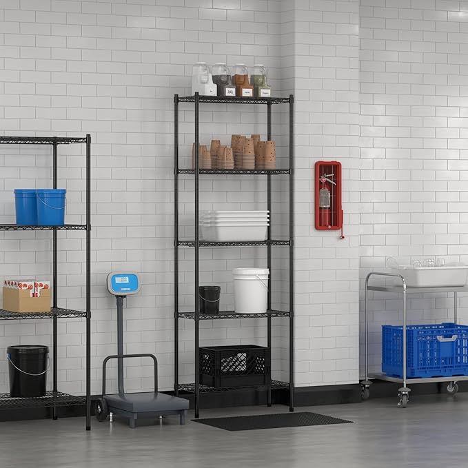 Commercial NSF Listed Black Epoxy Stationary Wire Shelving Kit 14" x 30" x 86", with 5 Shelves Perfect for Warehouse, Walk-in Refrigerator, Freezer, Grocery Store, Restaurant, Dishroom