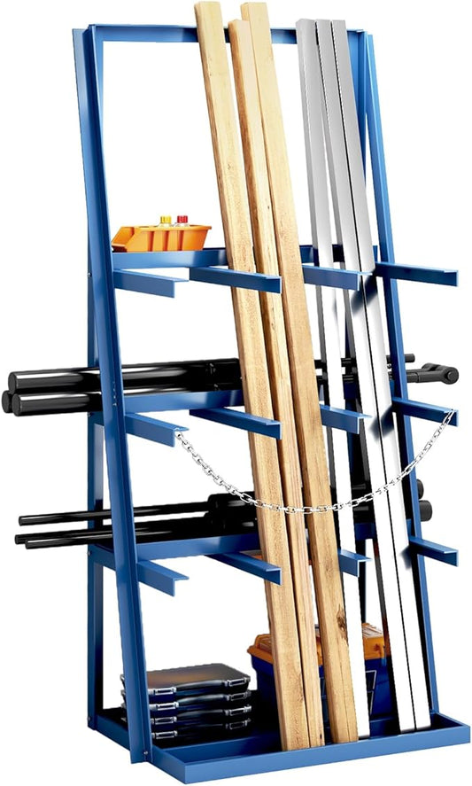 Vertical Bar Rack, 3000 Lb Capacity, 3 Bays Pipe and Lumber Storage Rack, Heavy Duty Standing Bar Storage Shelf with Safety Chains, Steel Long Parts Organizer Shelf, 39"D x 24"W x 84"H, Blue