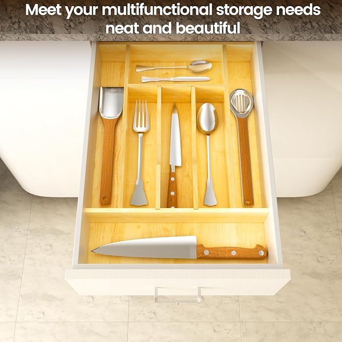 Silverware Drawer Organizer Wood with Adjustable Partition for Kitchen Utensil Cutlery Flatware Cabinet Storage Compartment Tray Insert with Dividers (13.2" W x 19.5" D x 2.5" H)