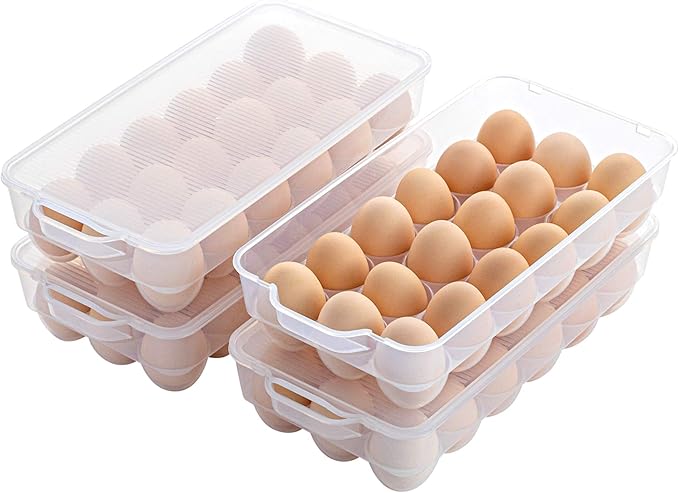 ZHENFAN Clear Plastic Egg Holder for Refrigerator, Stackable Egg Storage Trays With Lid & Handles, Plastic Egg Box Carrier 4 Pack, BPA-Free Egg Storage Container for 18 Eggs