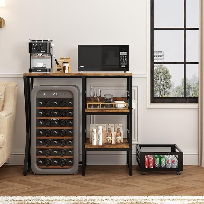 Kitchen Bakers Rack with Movable Basket, Coffee Bar Cabinet with Mini Fridge Space, Beverage & Wine Fridge Stand, Kitchen Storage Organizer with Worktop, Microwave Oven Stand for Home, Dorm, Office
