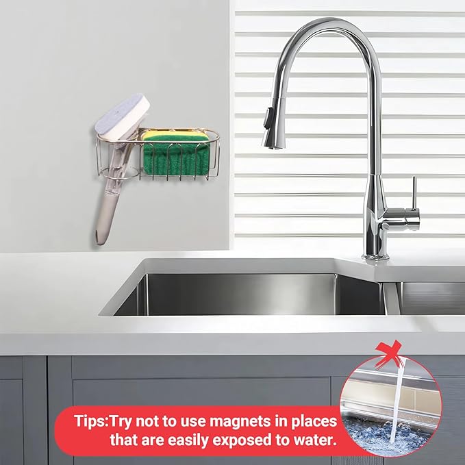 Sink Sponge Holder, Magnetic Kitchen Sink Caddy, 304 Stainless Steel Sponge Brush Holder, Two Suspension Modes, Sink Drain Frame- Silver