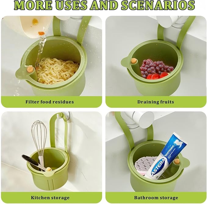 Sink Strainer Basket with One-Touch Drain Mesh, Snap-On Strap & Detachable Design – Kitchen Sink Food Scrap Filtering Storage Organizer (Green)