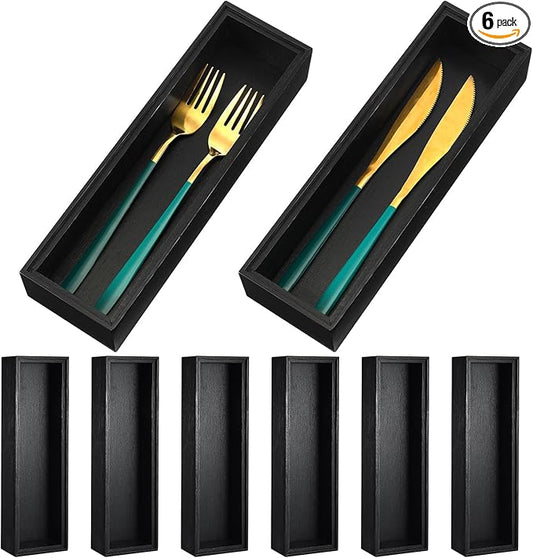Uiifan 6 Pcs 10 x 3 x 2'' Bamboo Drawer Organizer Black Stackable Utensil Silverware Holder Wooden Tray Drawer Dividers Boxes Spoon Storage Organizer for Kitchen Office Bathroom Cabinet Jewelry